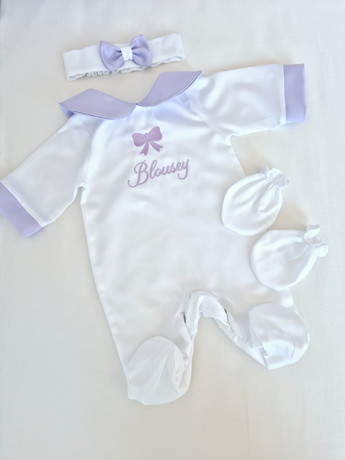 Ribbon Babygrow, Headband & Mits